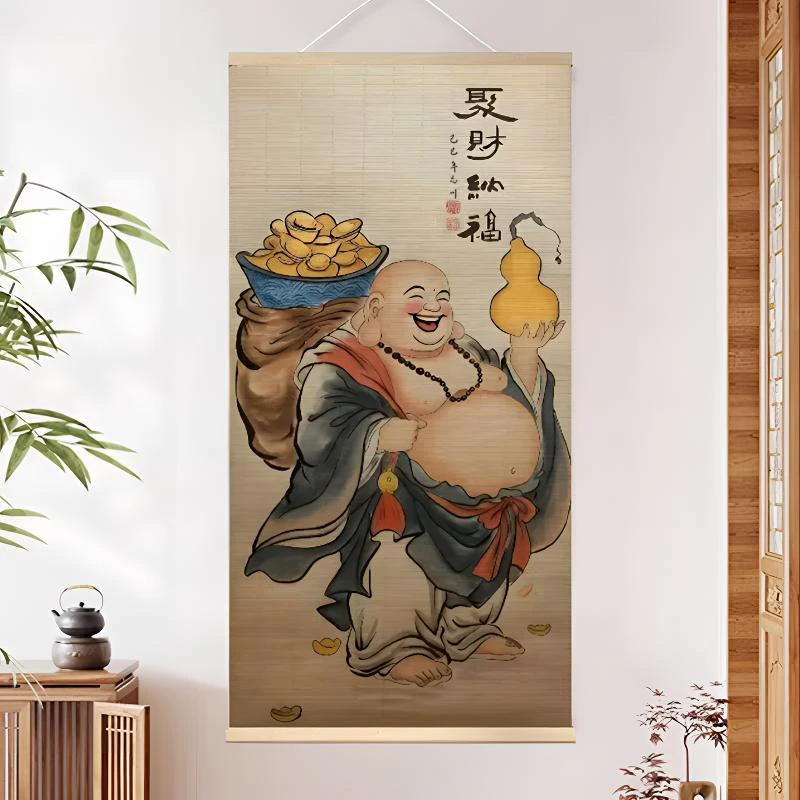 聚财弥勒佛笑面佛禅意竹编挂画书房茶室玄关古风禅意竹帘装饰挂画