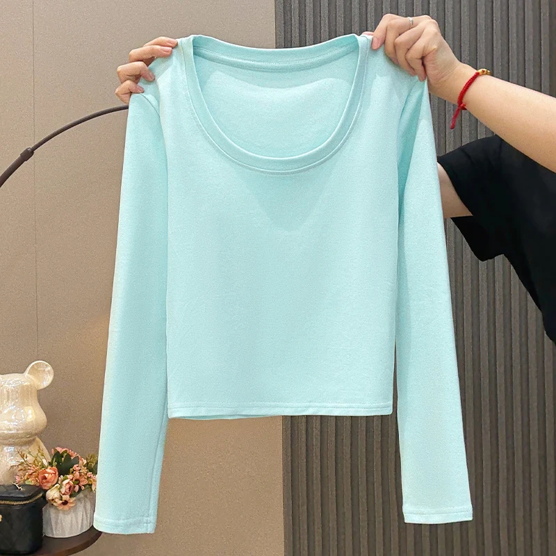 低领口长袖T恤女秋冬薄款内搭打底衫韩版简约纯色正肩短款上衣潮