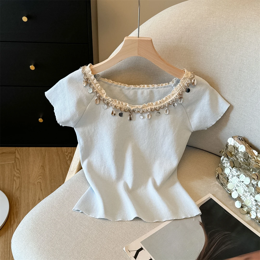 胖mm显瘦遮肚子减龄一字肩短袖t恤女夏季洋气甜美独特漂亮上衣女