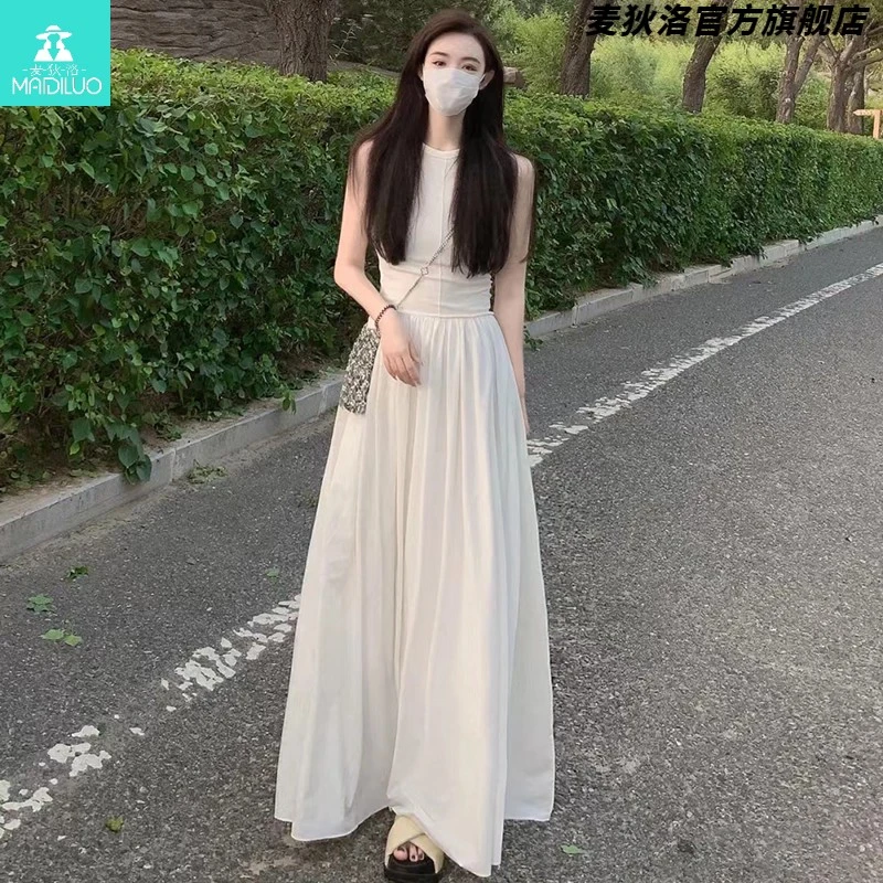 2025新款法式高级感无袖长裙子修身显瘦大摆白色连衣裙女夏女款
