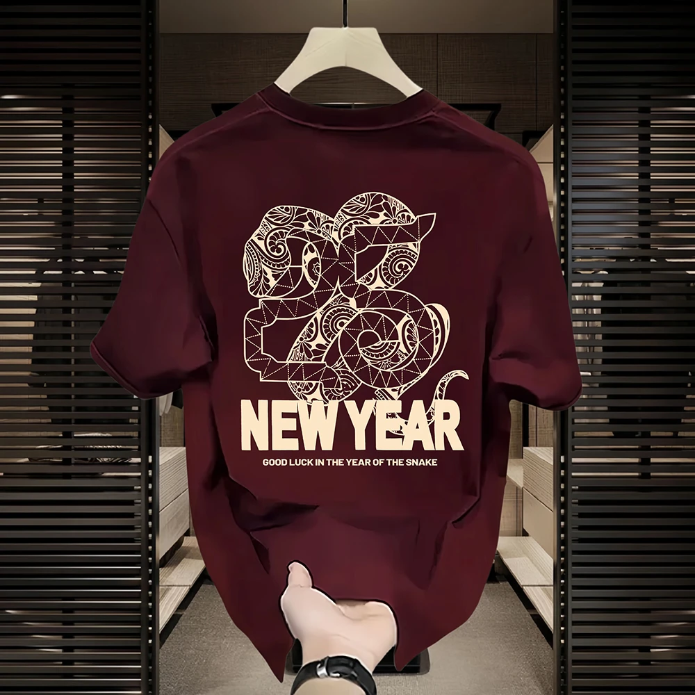 赫库森2025新款潮牌纯棉T恤圆领上衣印花时尚国潮新年短袖打底衫