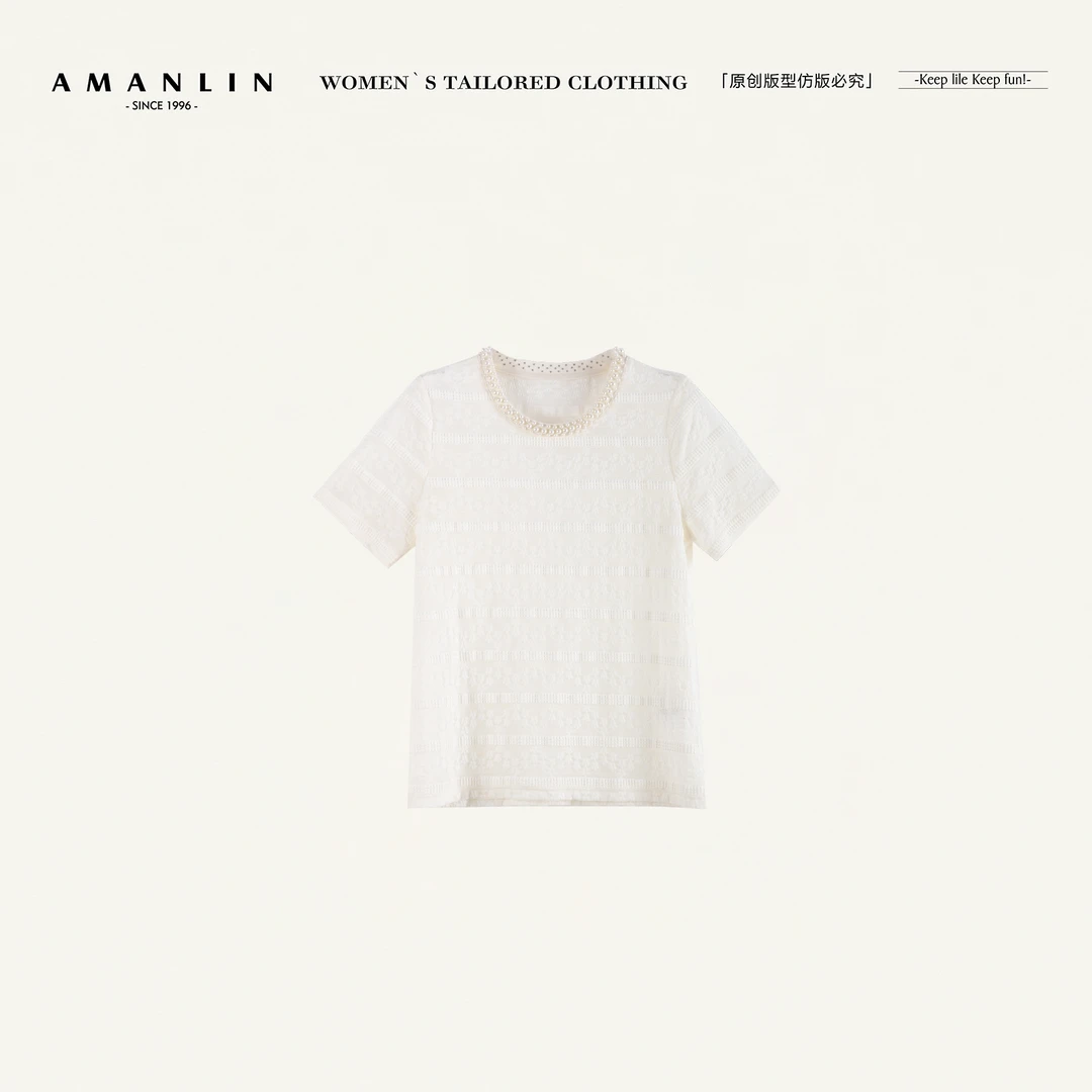 AMANLIN/阿谩琳欧若风春夏爆款高级感时尚钉珠白T恤上衣女Q596102