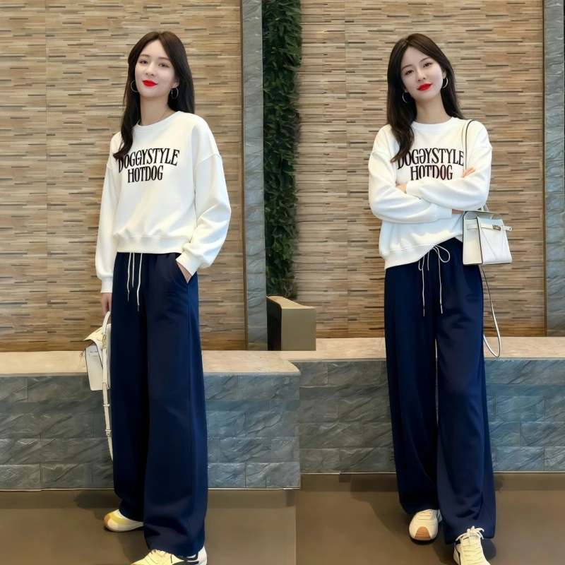 2025秋冬季休闲两件套韩版圆领卫衣洋气显瘦阔腿裤减龄保暖一整套