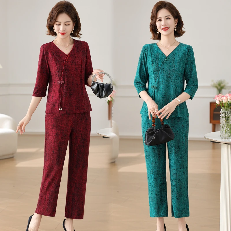 妈妈装春夏复古气质显瘦套装中老年洋气V领上衣长裤两件套