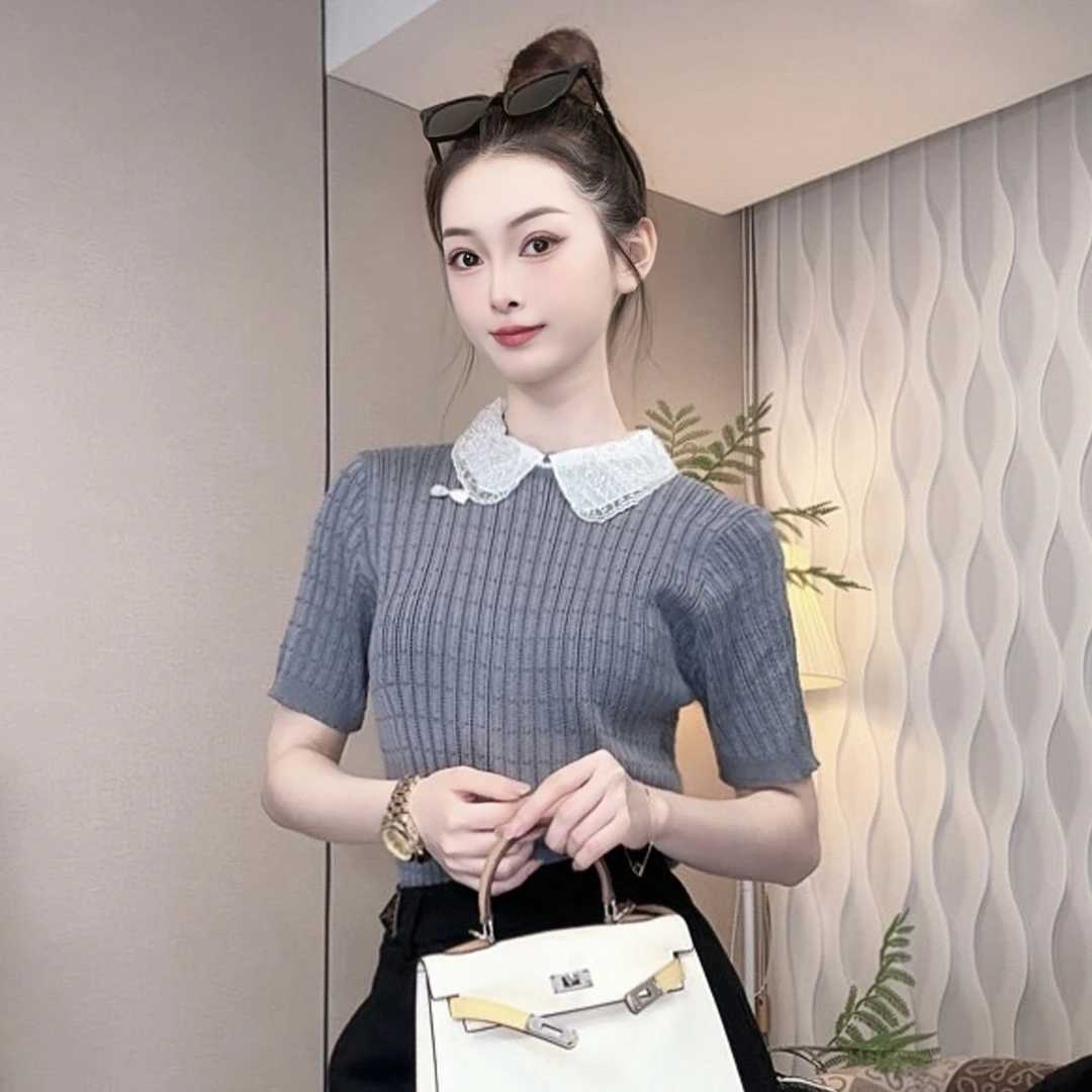 时尚减龄显瘦灰色娃娃领气质针织衫