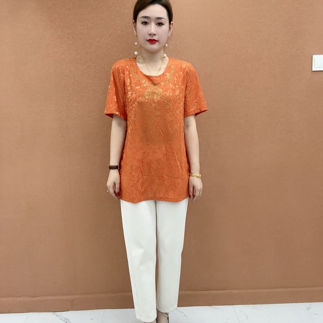 大码妈妈装夏季加肥加大款圆领烫钻短袖T恤中老年女