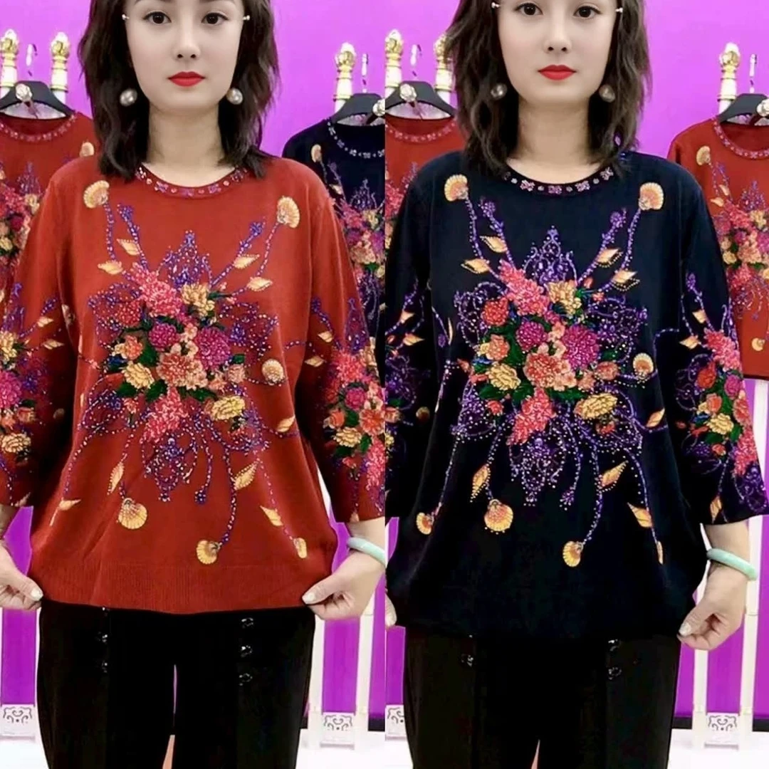 圆领定位花分袖焦麻衫上档次洋气早秋小衫时尚新款中老年妈妈装