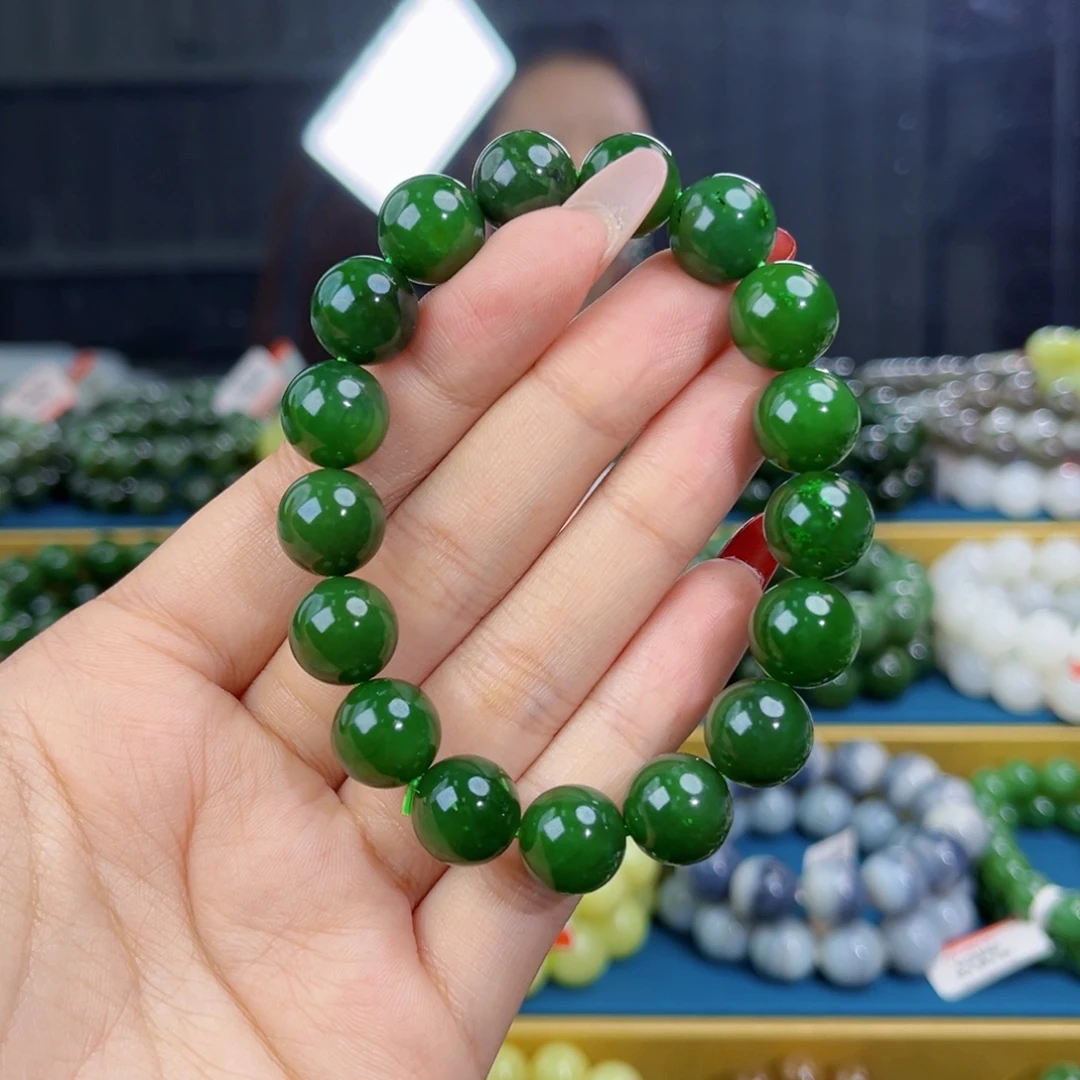 和田玉未镶嵌手链天然和田玉俄碧辣阳绿手串12微瑕