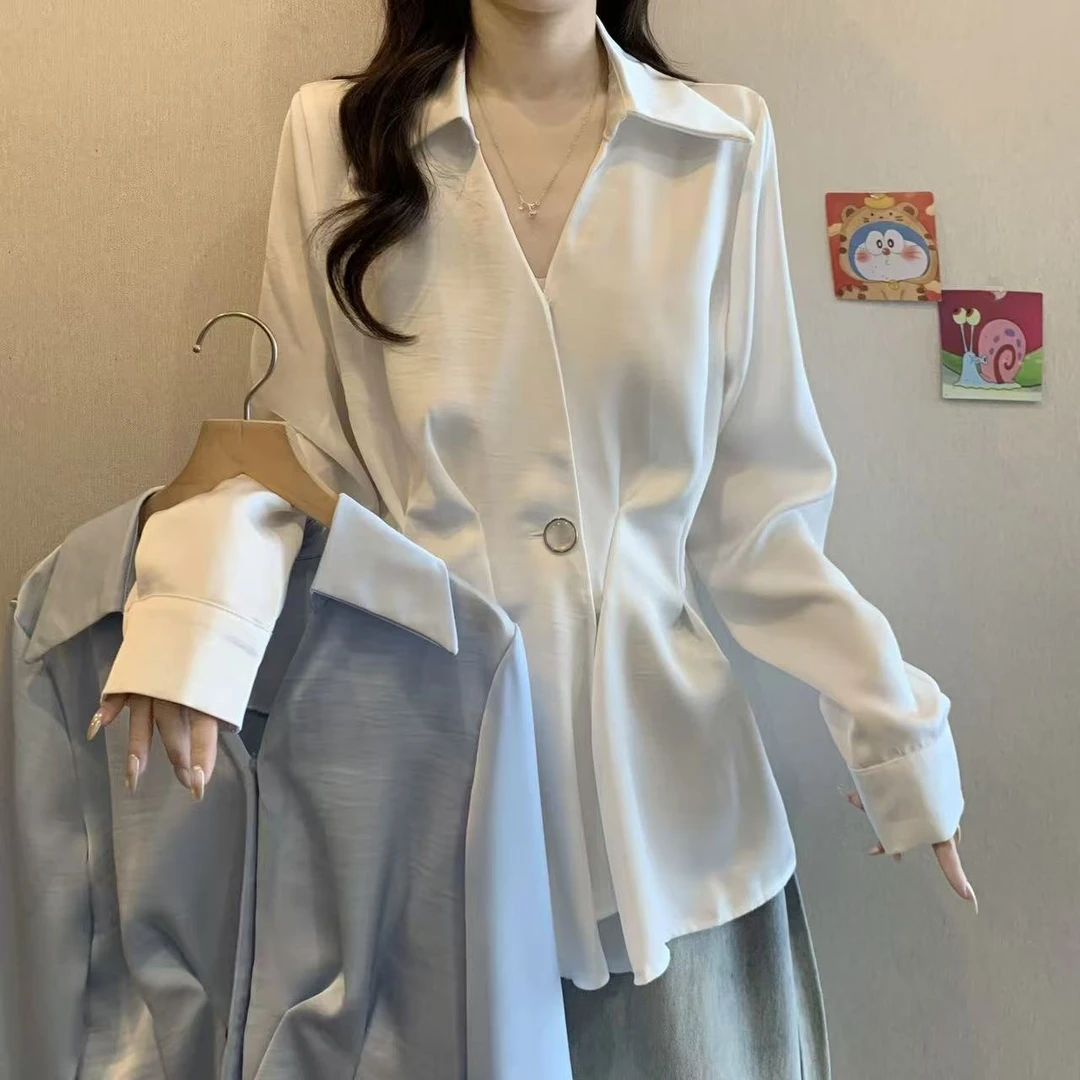 高级感醋酸缎面V领正肩长袖衬衫女2025早秋大码胖mm掐腰收腰上衣