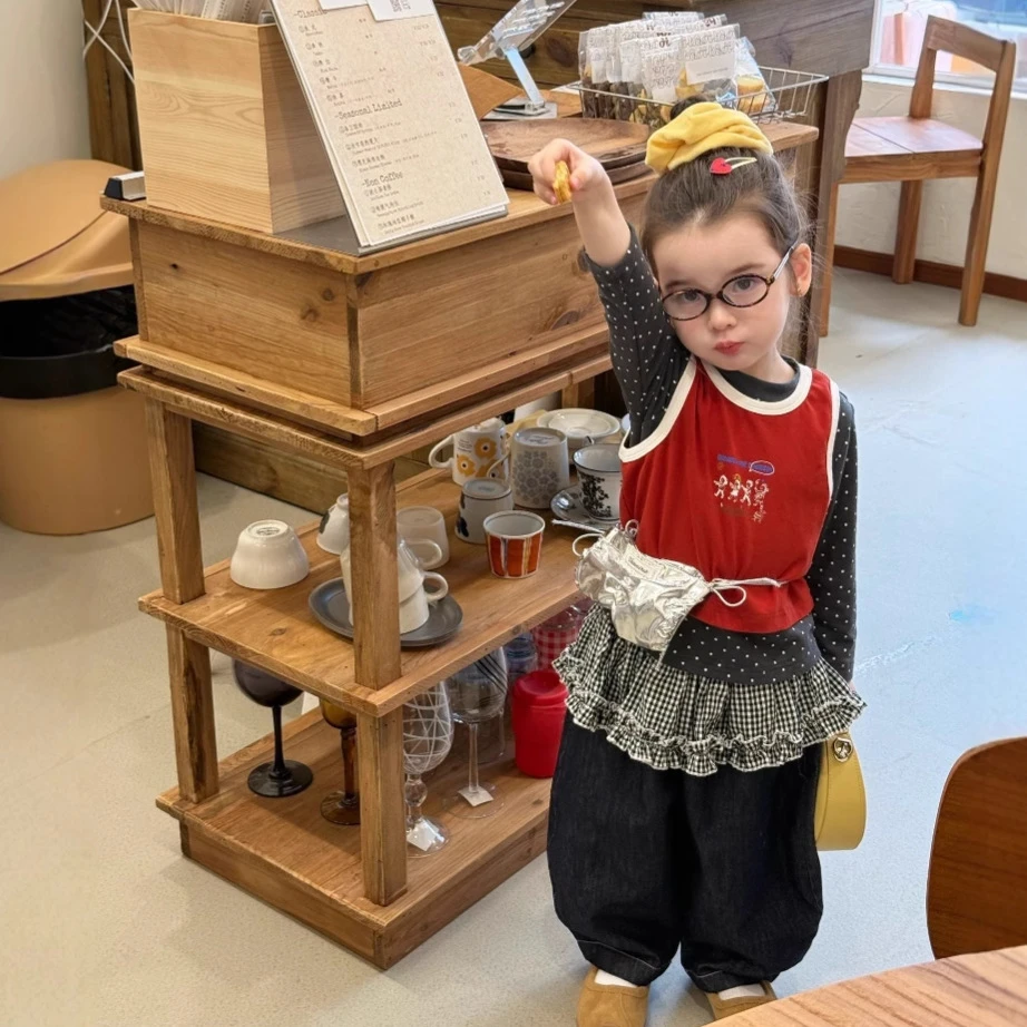 小思家女童2025秋季新款韩版洋气波点打底衫印花背心牛仔裤套装