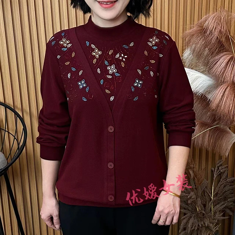 中老年女装秋冬假两件纯色烫钻宽松显瘦百搭洋气妈妈装长袖上衣