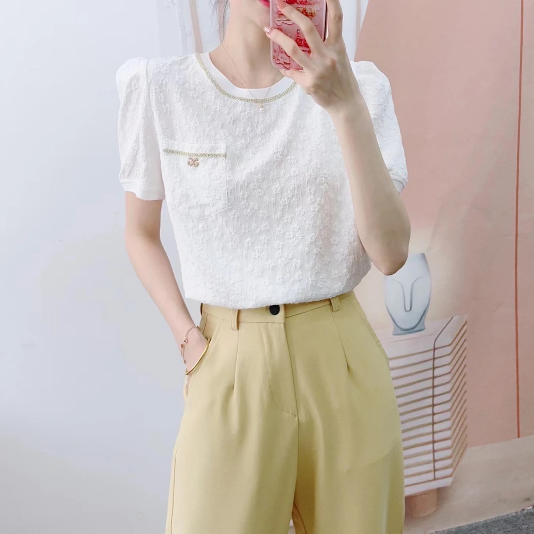 079夏季撤柜时尚韩版百搭圆领小香风短袖套头小衫F3清