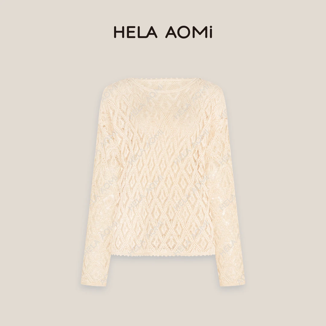 HELA AOMI“菱格镂空”绵羊毛松弛感时尚圆领钩花显瘦宽松针织衫