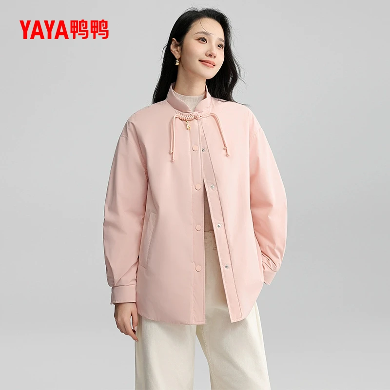 鸭鸭90绒新中式盘扣女秋冬宽松衬衫领时尚轻薄羽绒服YE4B602671D