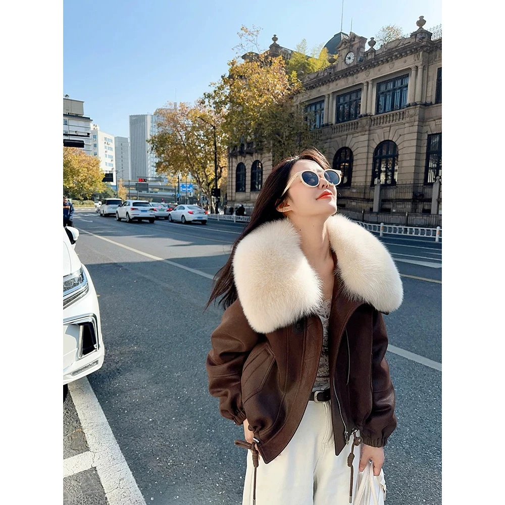 爆款大毛领仿狐狸毛皮草外套女2024年冬新款机车服年轻款