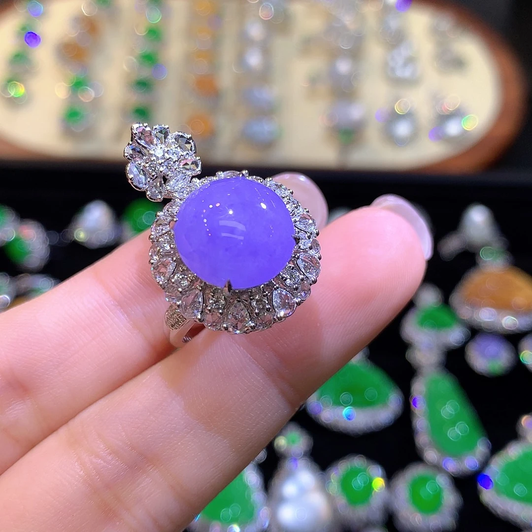 翡翠18K金镶嵌戒指高冰紫罗兰吊坠戒指