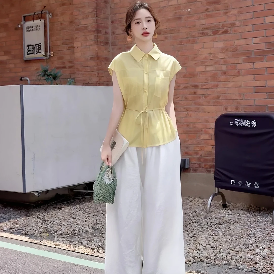 B【两件套】【有里布】衬衫短袖套装女夏季一整套穿搭减龄两件套D2395