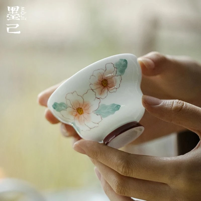 玉泥白瓷手绘海棠如陶瓷葫芦茶杯功夫茶具仿宋高足花口家用品茗杯