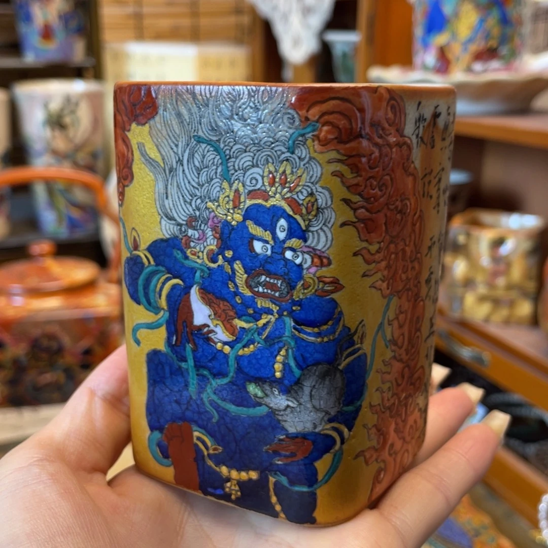 摆件手绘黑财神四方志野杯