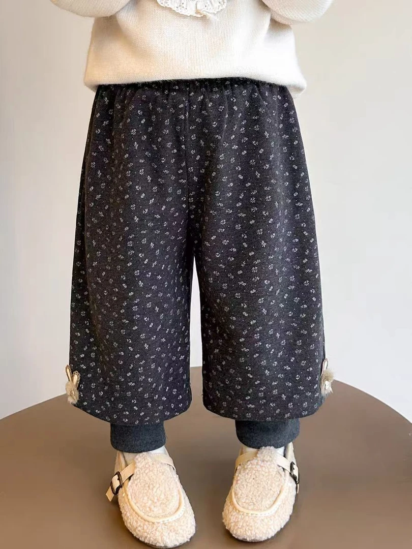 女童秋冬款加绒加厚假两件长裤中小童洋气碎花休闲裤2025新款
