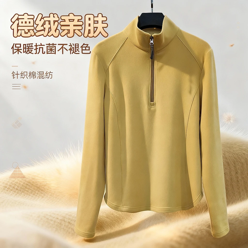 【雅亚定制】秋冬女款半拉链德绒亲肤纯色立领长袖鱼骨显瘦卫衣绒衫