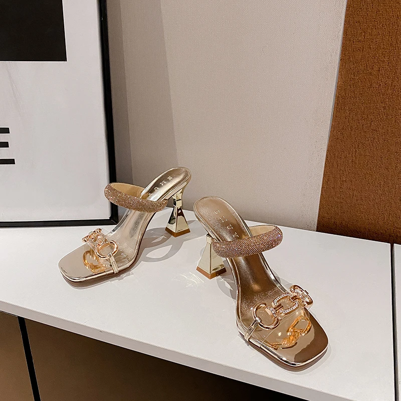 emuy一字带高跟鞋女细跟轻奢鞋子仙女风时装拖鞋性感小众水钻凉鞋