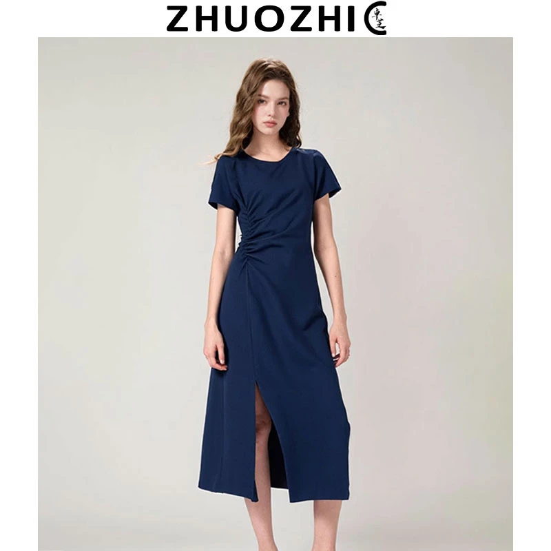 [卓芝]法式设计感藏蓝色抽褶开叉连衣裙2025夏季款收腰显瘦裙子