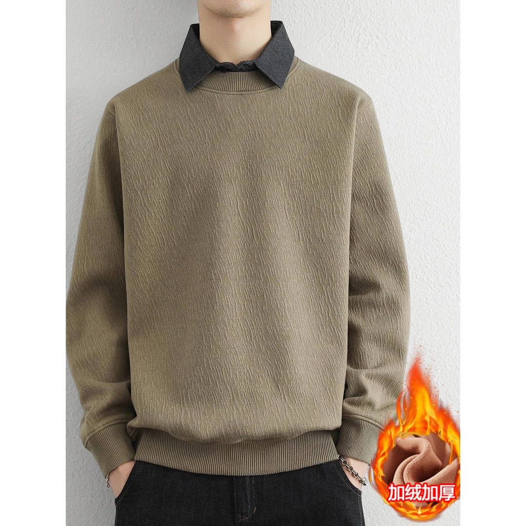 【TQUX官方正品】暗纹提花假两件衬衫领卫衣男加绒加厚冬装带领套
