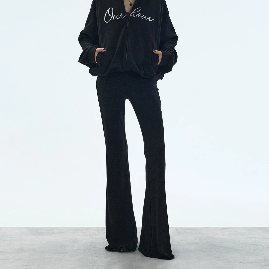 ourhour 黑色莱赛尔木耳边裤脚垂感喇叭裤  宽松春秋显瘦