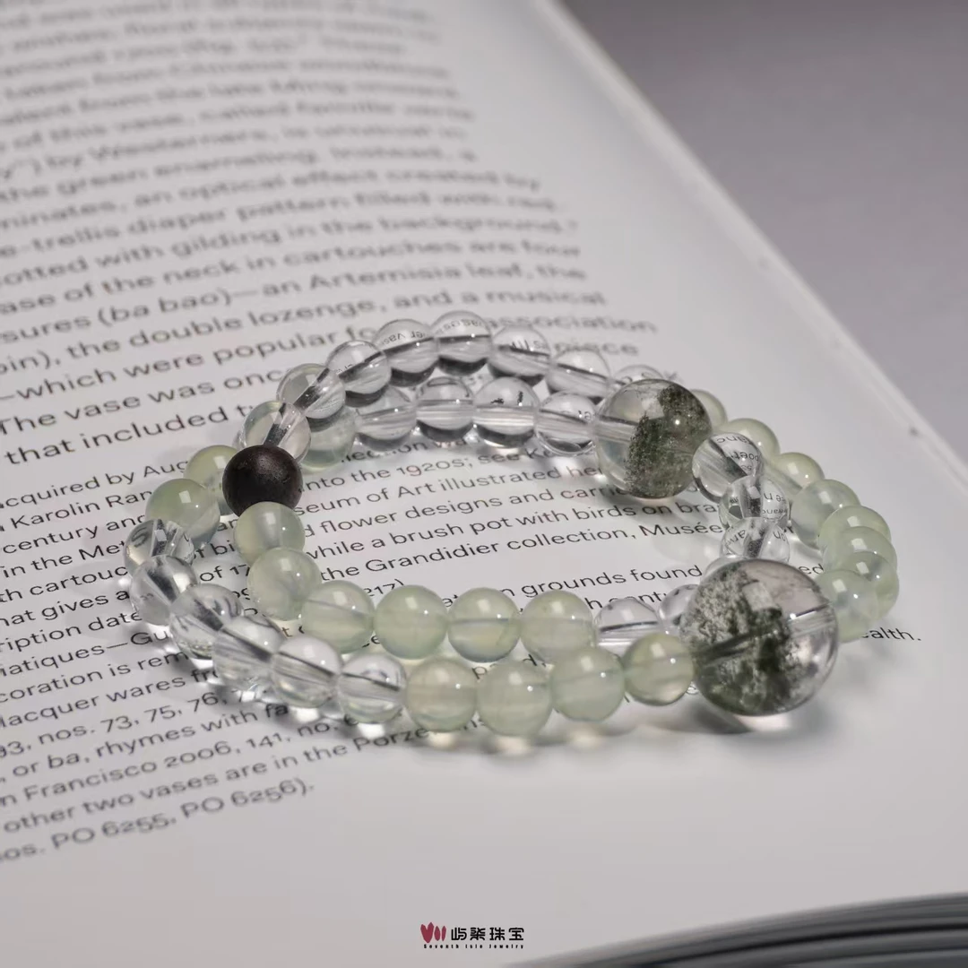 【要努力】F573 水晶未镶嵌 白水葡萄绿幽多宝双圈