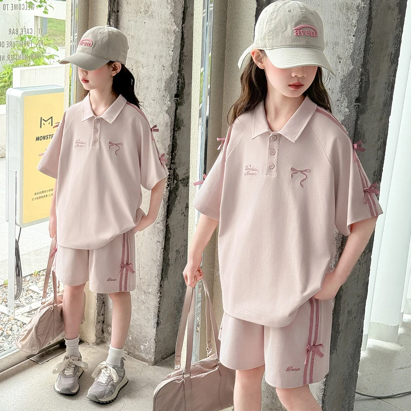 韩版童装新款女童套装夏季运动翻领polo短袖网红洋气中大童两件套