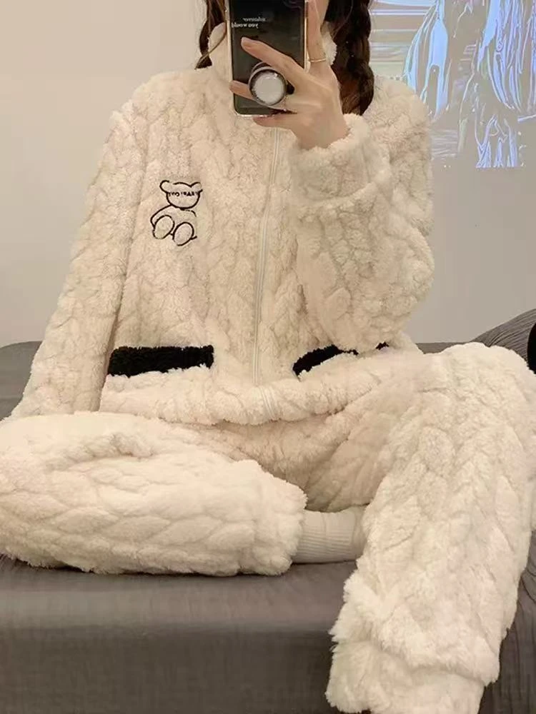 205#珊瑚绒睡衣女冬季加绒加厚杏色拉链小熊家居服套装