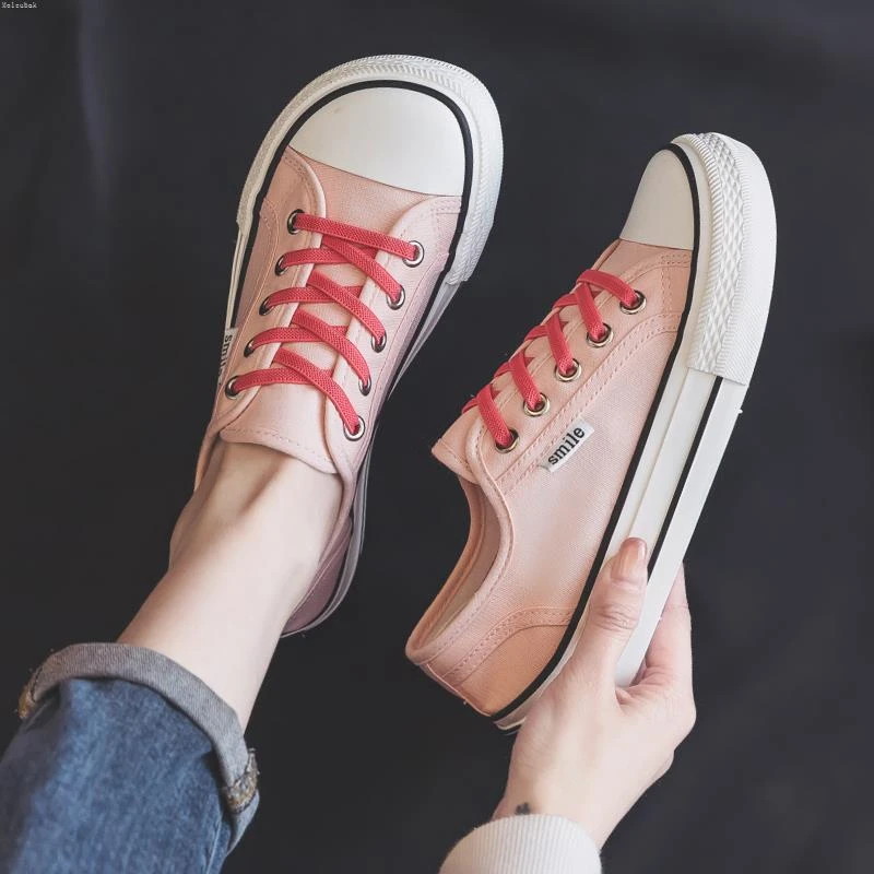 Moleubak跟高3CM/粉色大头帆布鞋女2025新款夏季薄款小白鞋女
