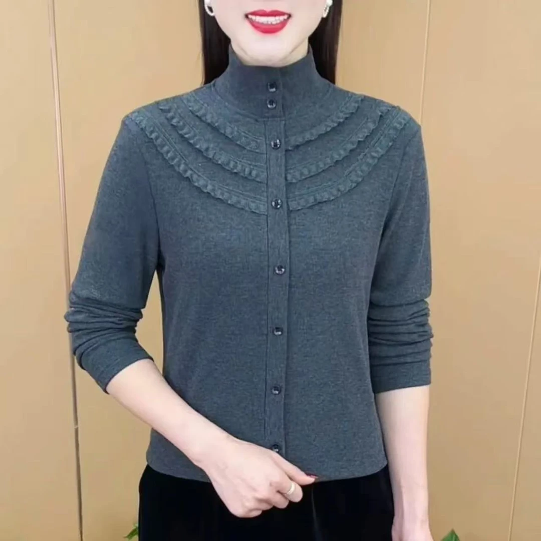 2025新款德绒套头花边带扣半高领显瘦打底衫