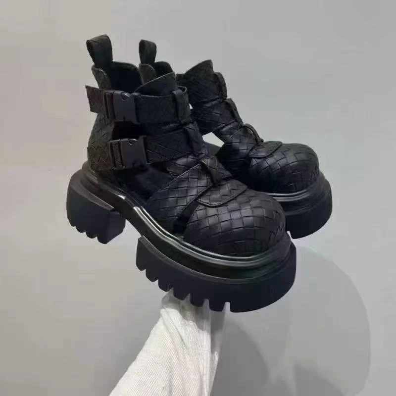 9957 松糕厚底洋气显瘦高帮凉鞋高级感镂空短靴