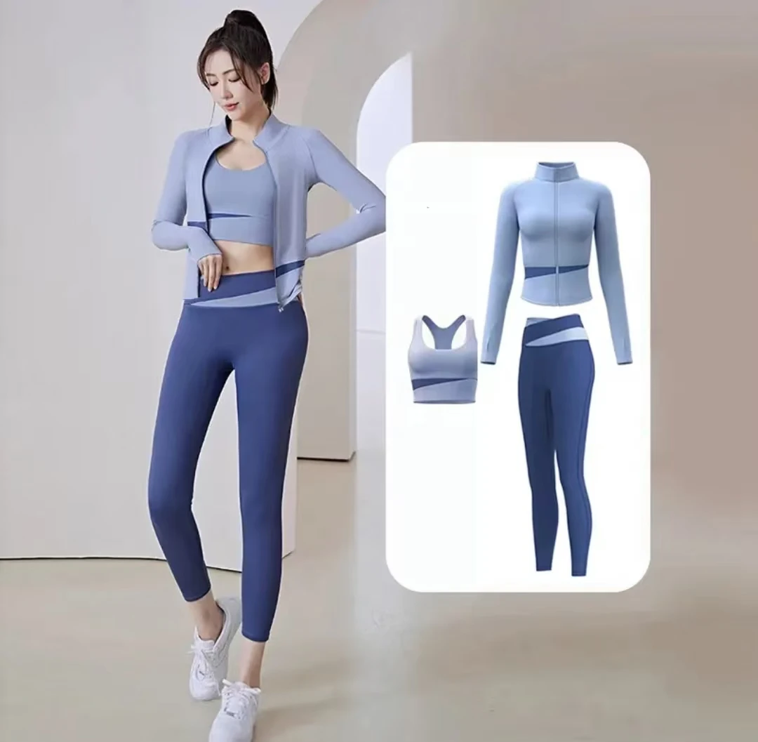 夏季拼色三件套瑜伽服套装长袖显瘦裸感瑜伽外套跑步显瘦运动套装
