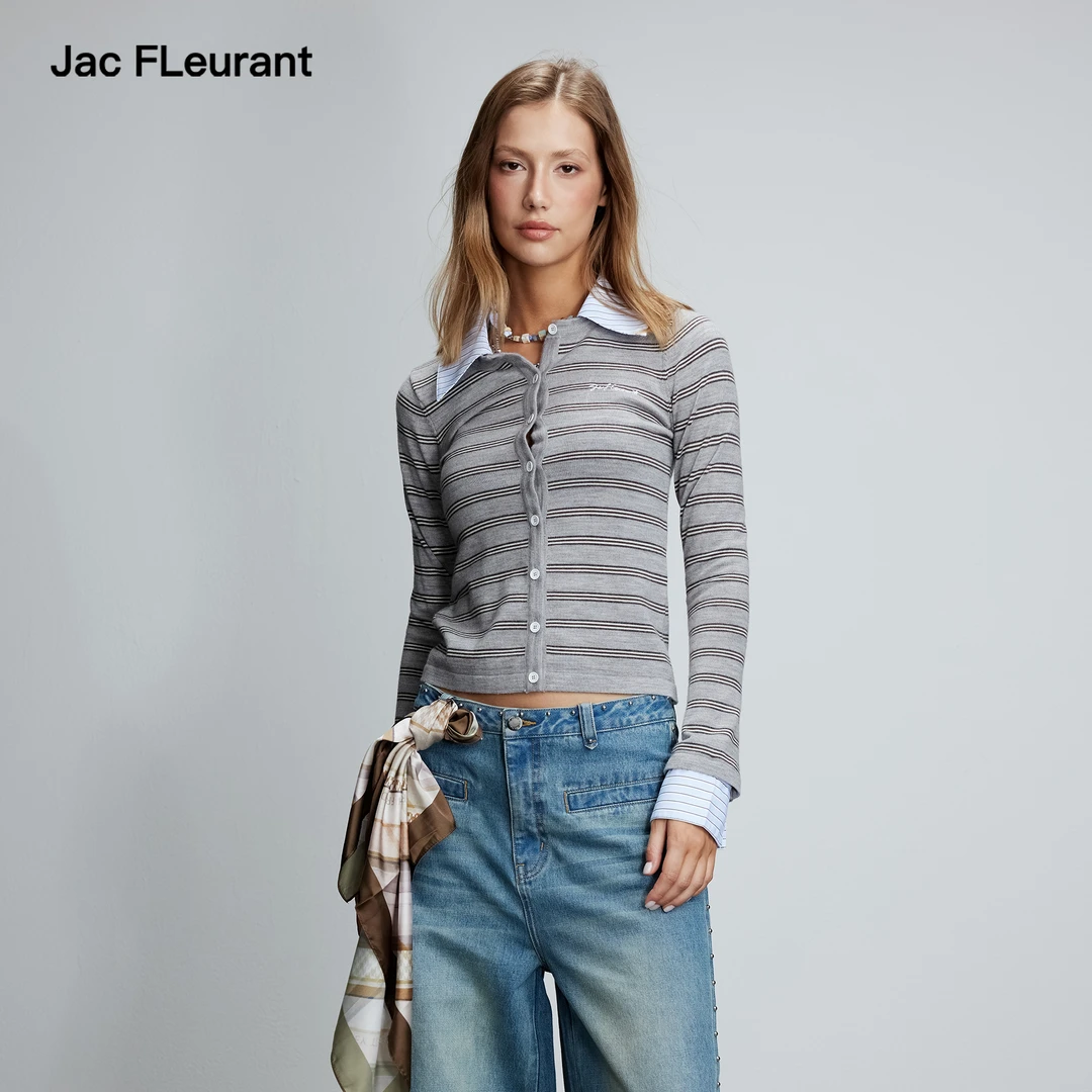 JAC FLEURANT衬衣领牛仔领拼接针织条纹纽扣开衫上衣