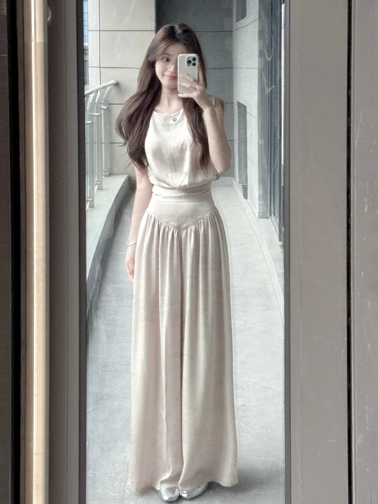 夏装搭配一整套韩系减龄时尚穿搭法式无袖背心高腰阔腿裤两件套装