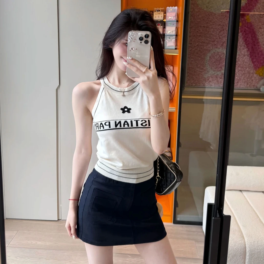 韩系撞色字母印挂脖针织吊带背心女夏外穿修身高级感辣妹无袖上衣