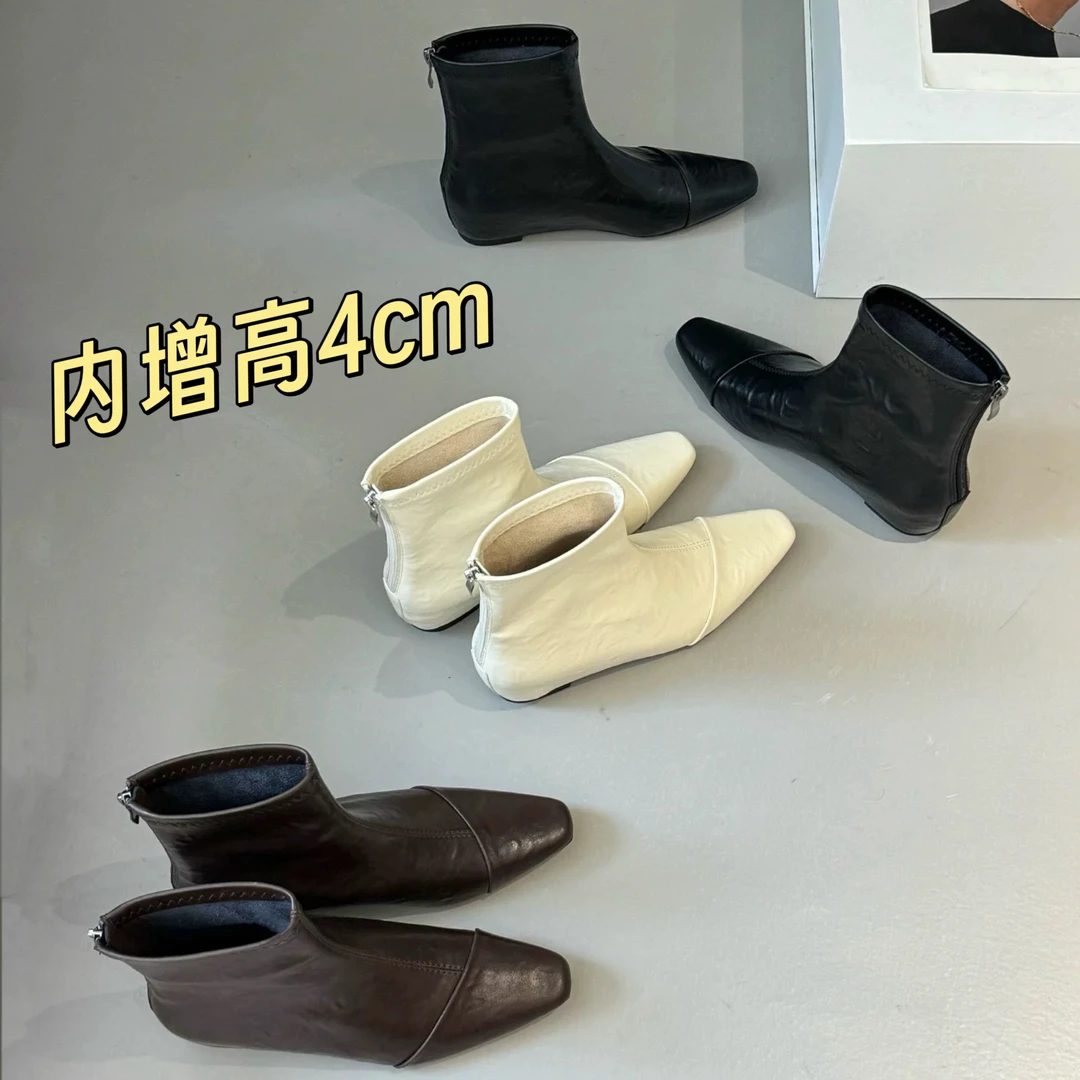 韩版方头内增高短靴女2025秋冬新款法式瘦瘦靴软皮裸靴气质时装靴