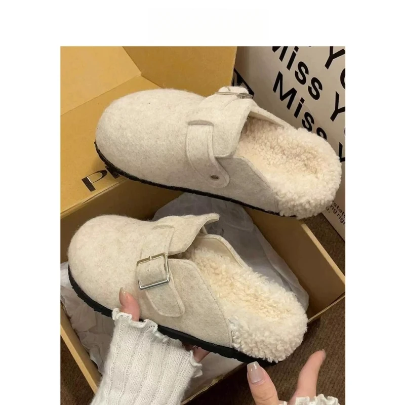 小众厚底勃肯鞋毛毛拖鞋女外穿2025秋冬新款加绒包头懒人包头半拖