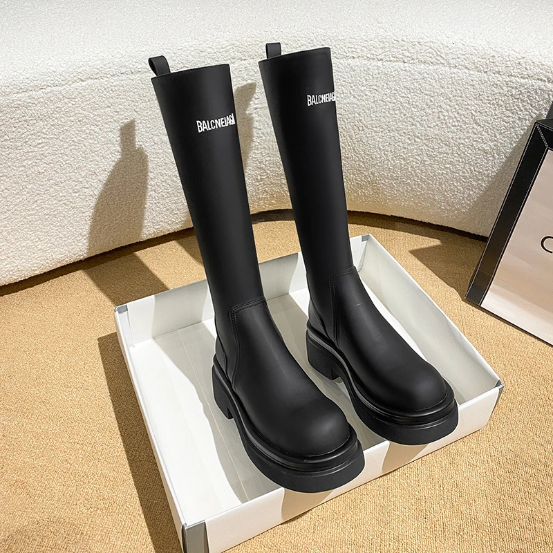 美拉德真皮不过膝高筒粗跟靴秋款黑色厚底骑行靴骑士靴女款长靴