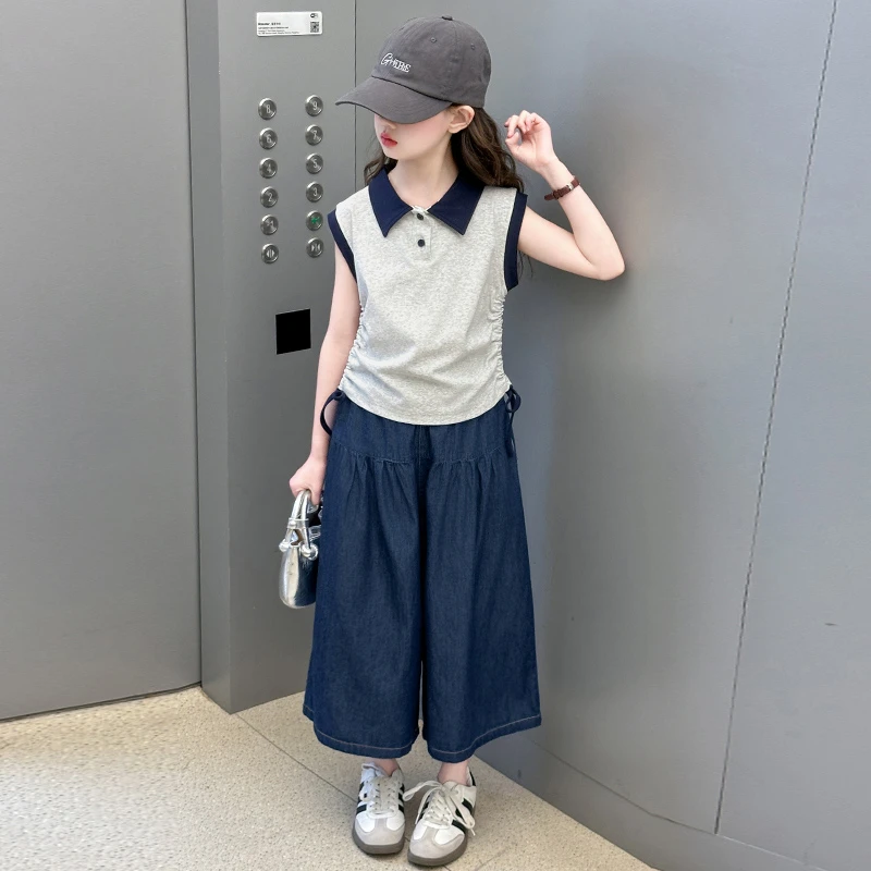 女童夏季时尚套装2025新款洋气无袖polo衫女孩薄款牛仔阔腿裤两件