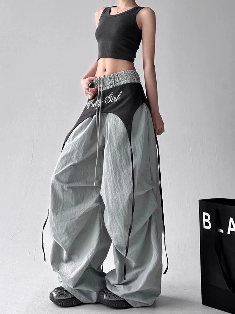 美式设计感撞色绑带弯刀裤女2025春夏季街头嘻哈跳舞裤子伞兵裤子