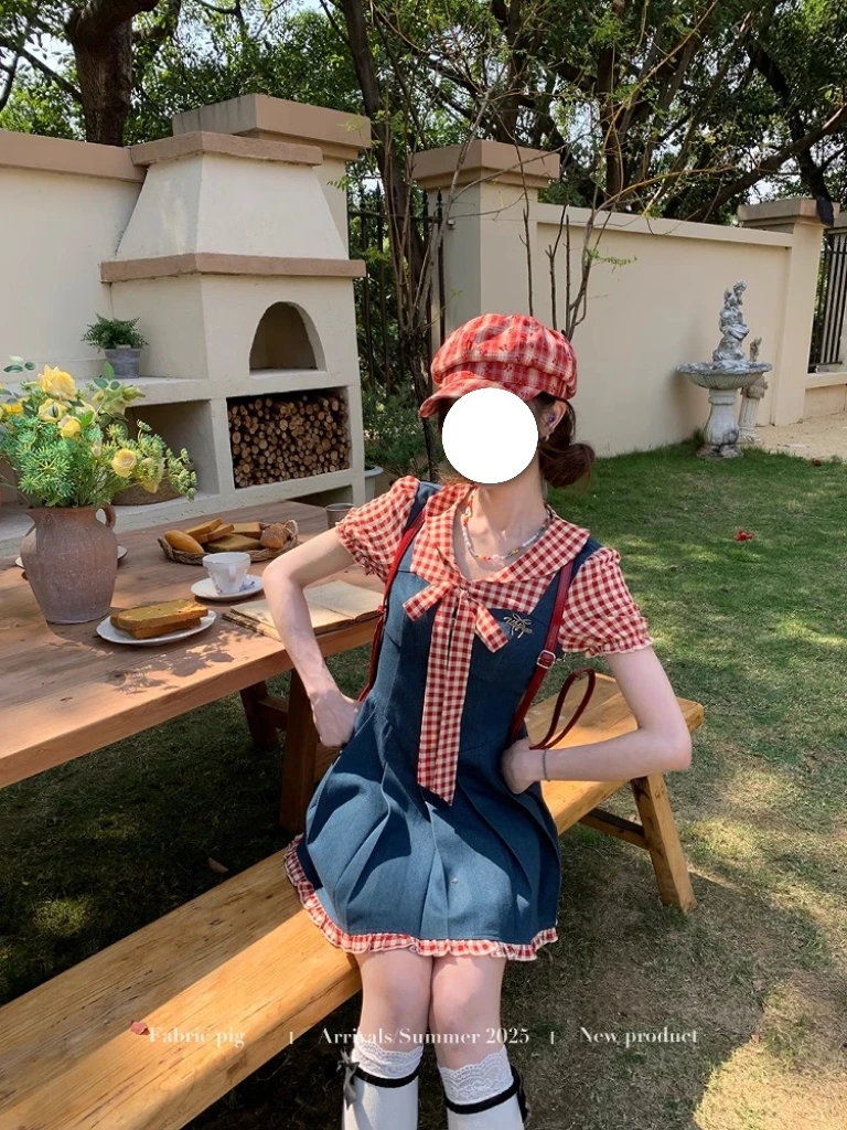 【树莓果酱】红色格子拼接撞色连衣裙女夏季泡泡袖减龄短裙显瘦复古