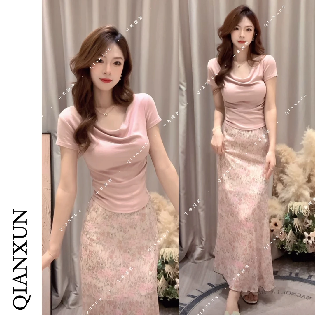 千寻家 一字肩荡领上衣短袖t恤+碎花半身裙纯欲高级感女新款套装