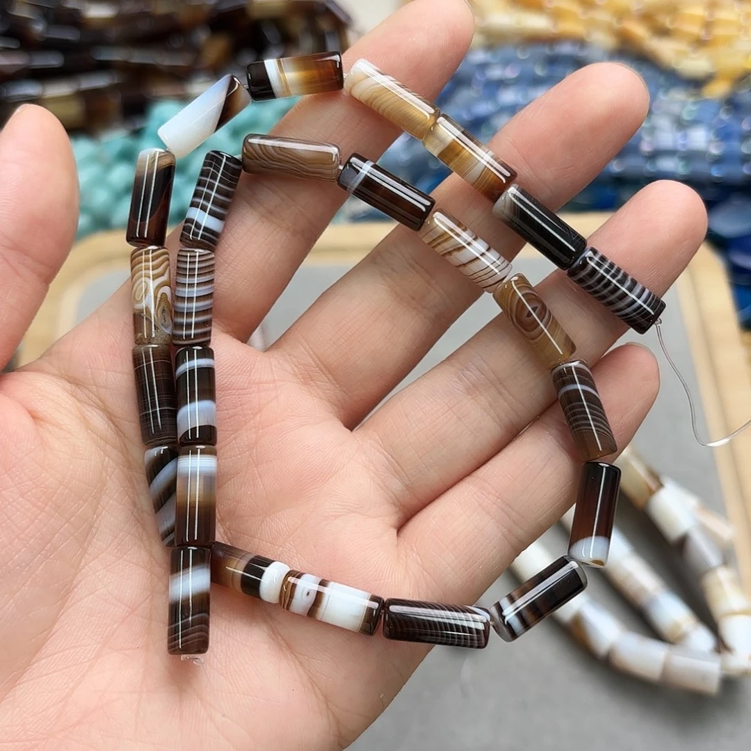 玛瑙/玉髓未镶嵌珠宝半成品6×16咖条纹玛圆管一条