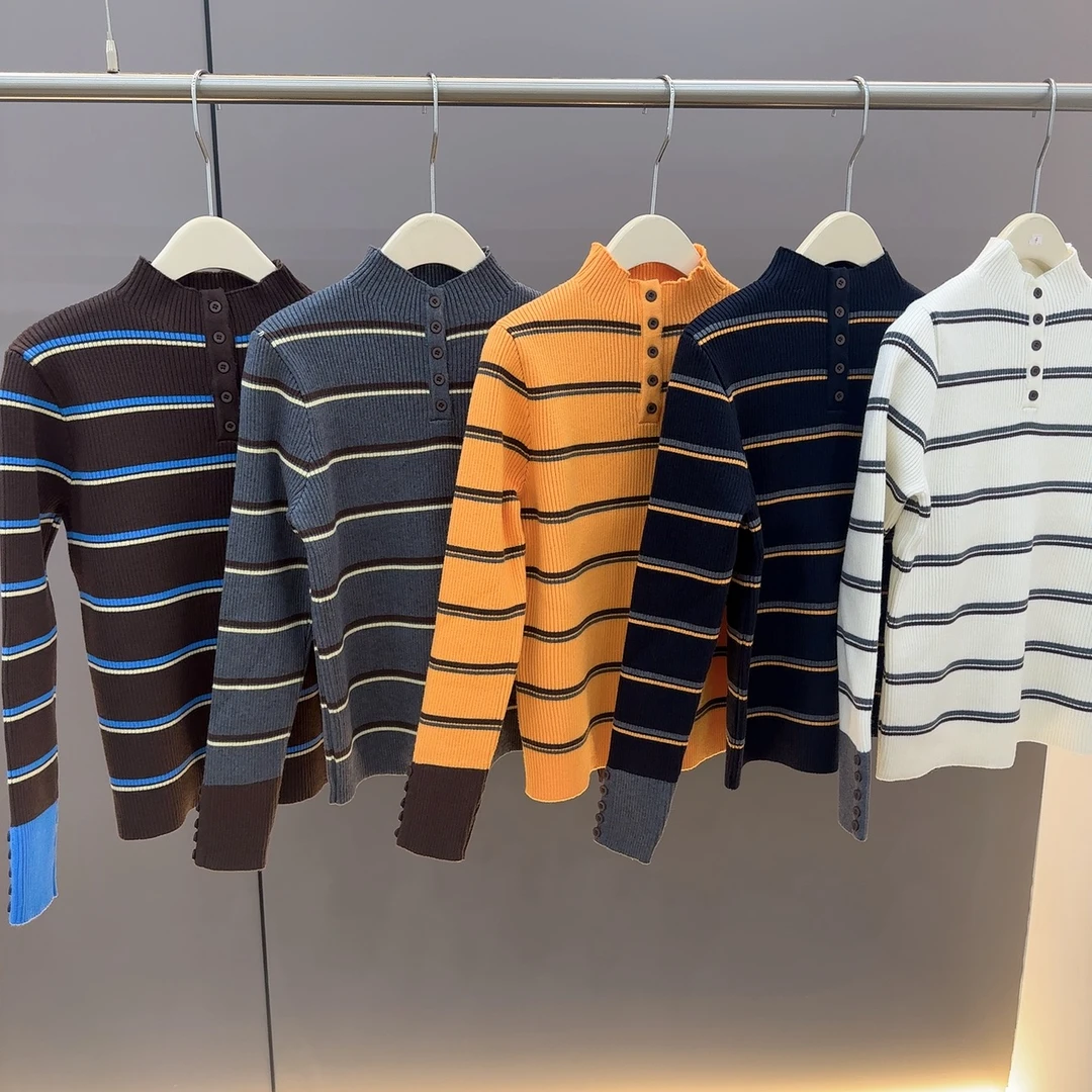 欧洲站2025秋冬小立领设计长袖百搭修身撞色条纹针织衫女