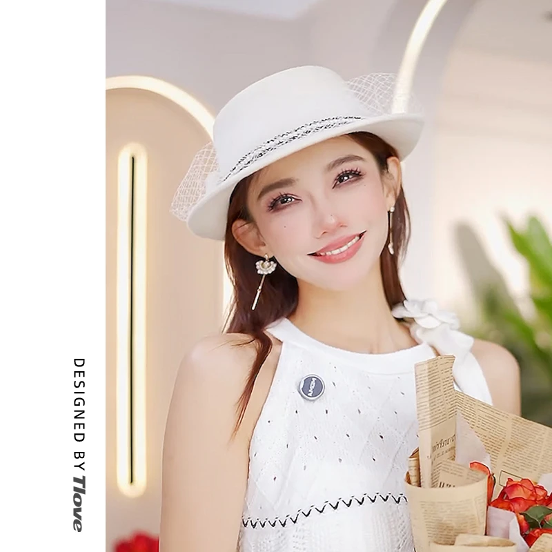 9622时尚百搭小礼帽女士洋气优雅蝴蝶结爵士帽秋冬季新款羊毛帽子