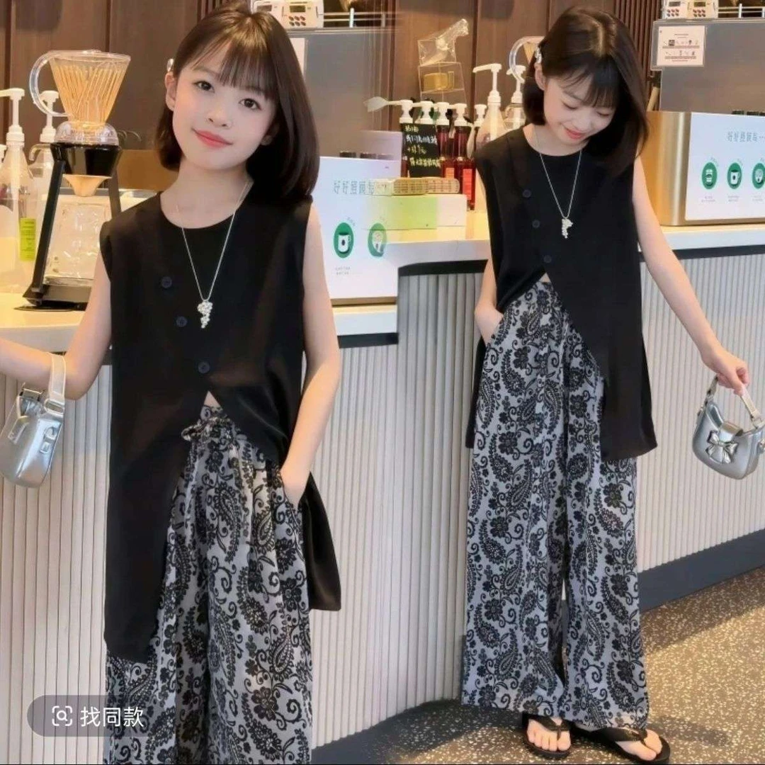 【现货发】女童夏季无袖套装新款慵懒风复古气质时尚阔腿裤两件套